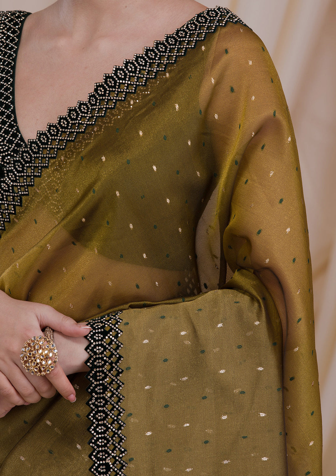 Mehendi Tissue Swarovski Saree With Matching Blouse Piece