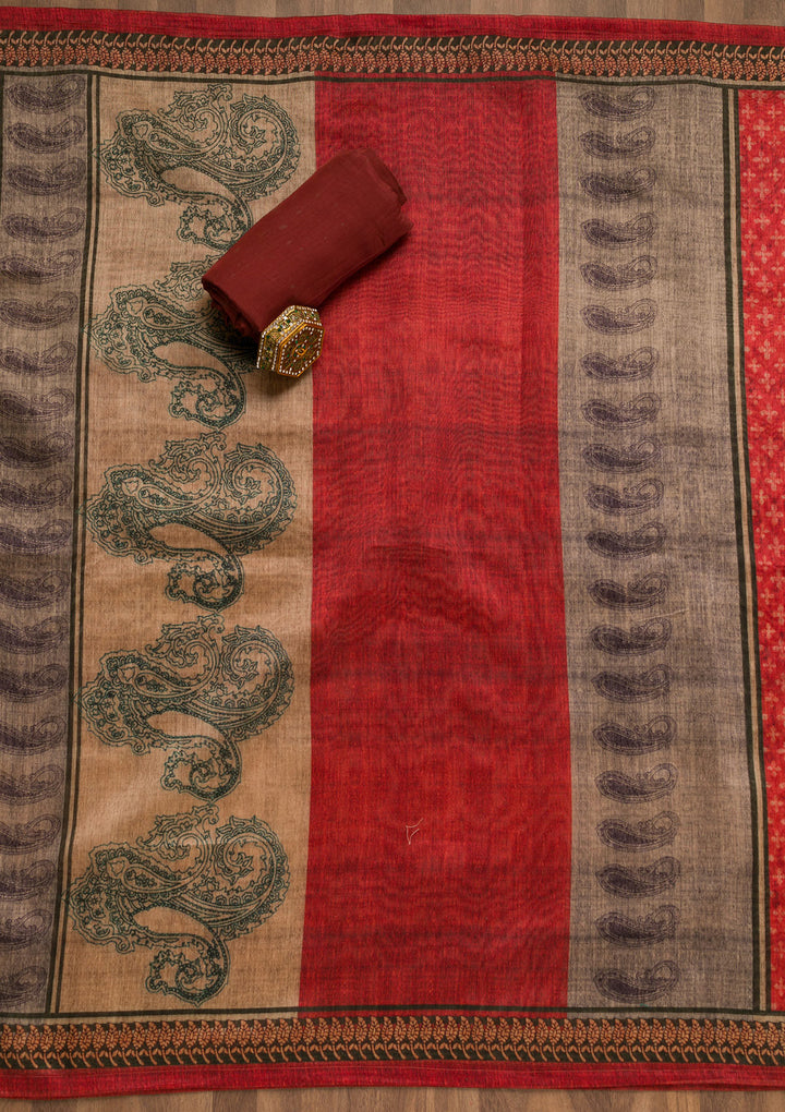 Mehendi Green Maroon Chanderi Abstract Geometric Threadwork Unstitched Dress Material With Matching Bottom And Dupatta