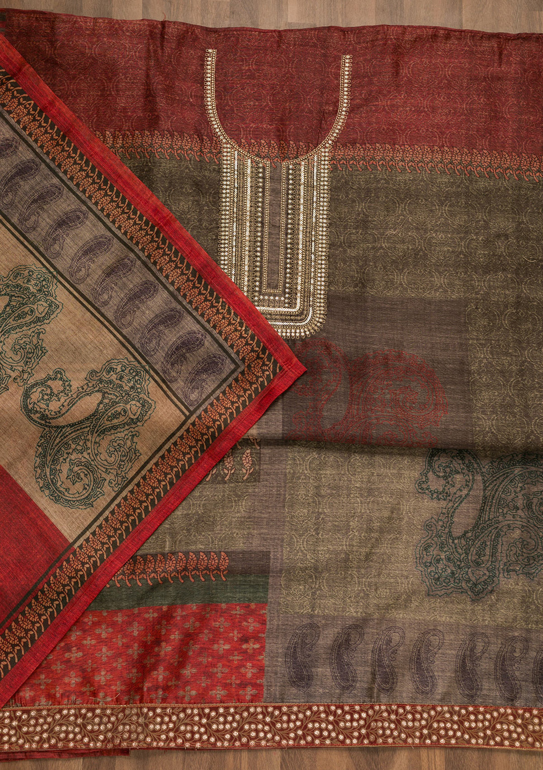 Mehendi Green Maroon Chanderi Abstract Geometric Threadwork Unstitched Dress Material With Matching Bottom And Dupatta