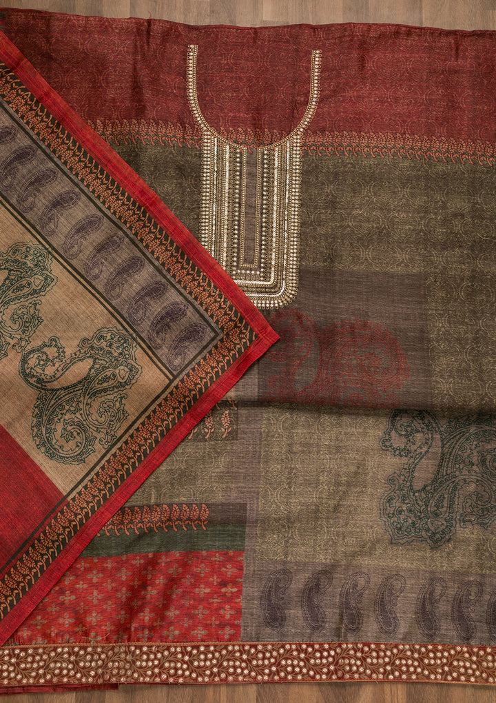Mehendi Green Maroon Chanderi Abstract Geometric Threadwork Unstitched Dress Material With Matching Bottom And Dupatta
