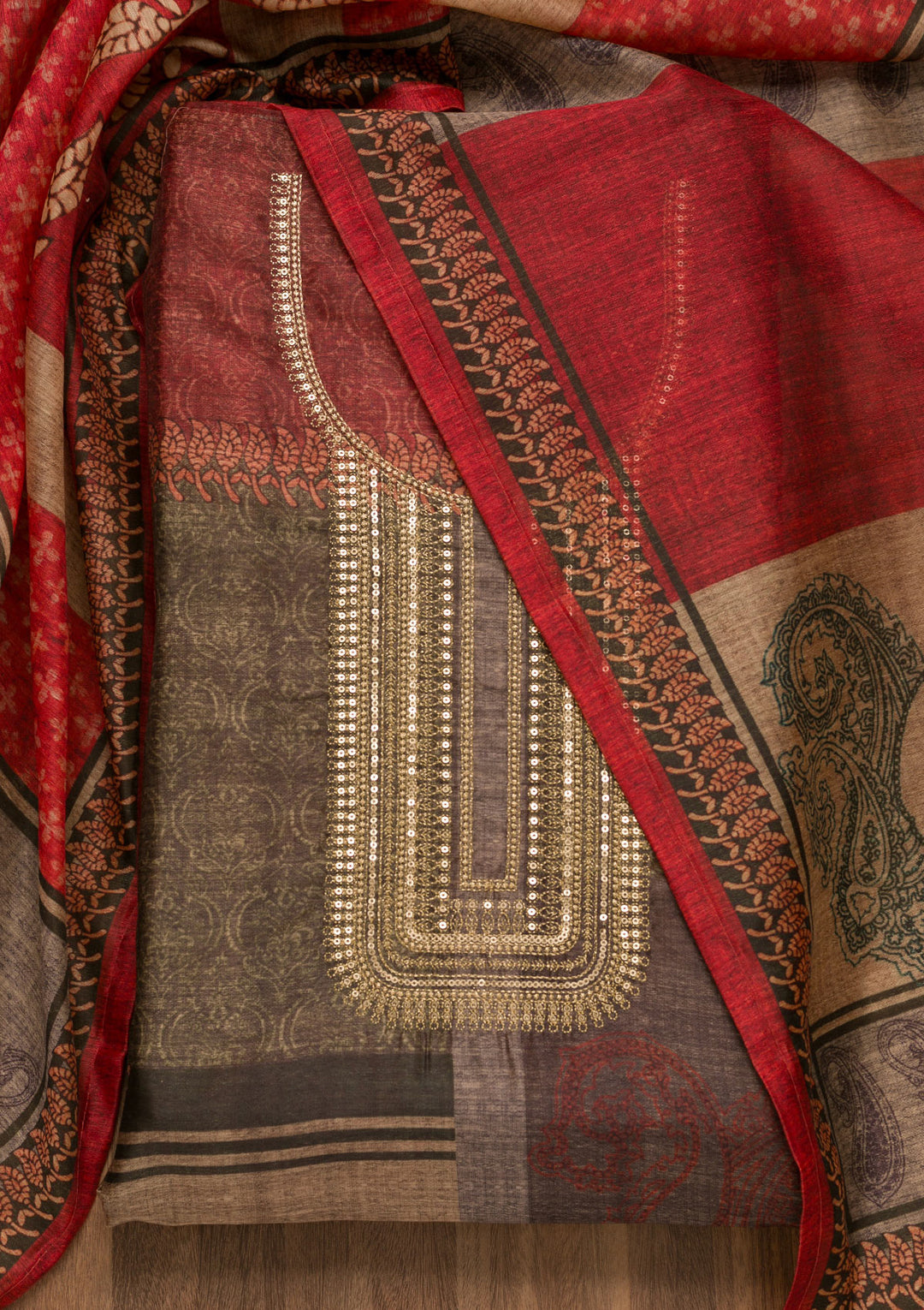 Mehendi Green Maroon Chanderi Abstract Geometric Threadwork Unstitched Dress Material With Matching Bottom And Dupatta