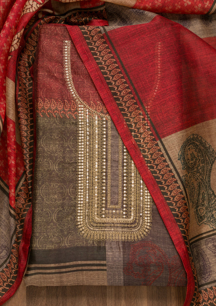 Mehendi Green Maroon Chanderi Abstract Geometric Threadwork Unstitched Dress Material With Matching Bottom And Dupatta
