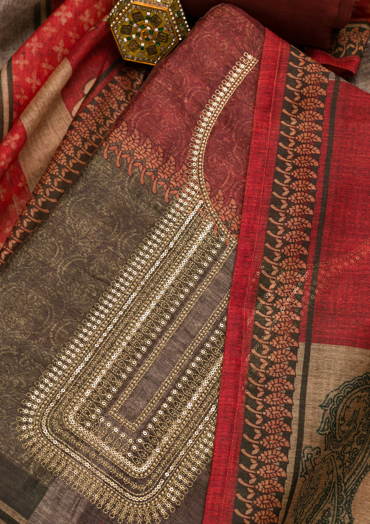 Mehendi Green Maroon Chanderi Abstract Geometric Threadwork Unstitched Dress Material With Matching Bottom And Dupatta