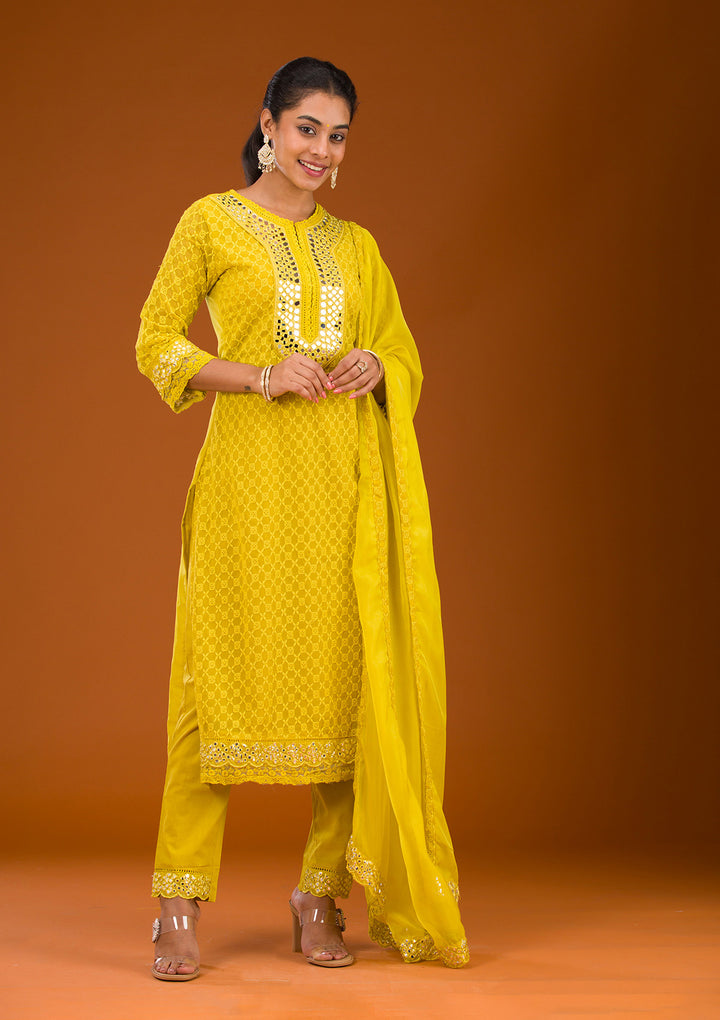 Mehendi Threadwork Georgette Readymade Salwar Suit