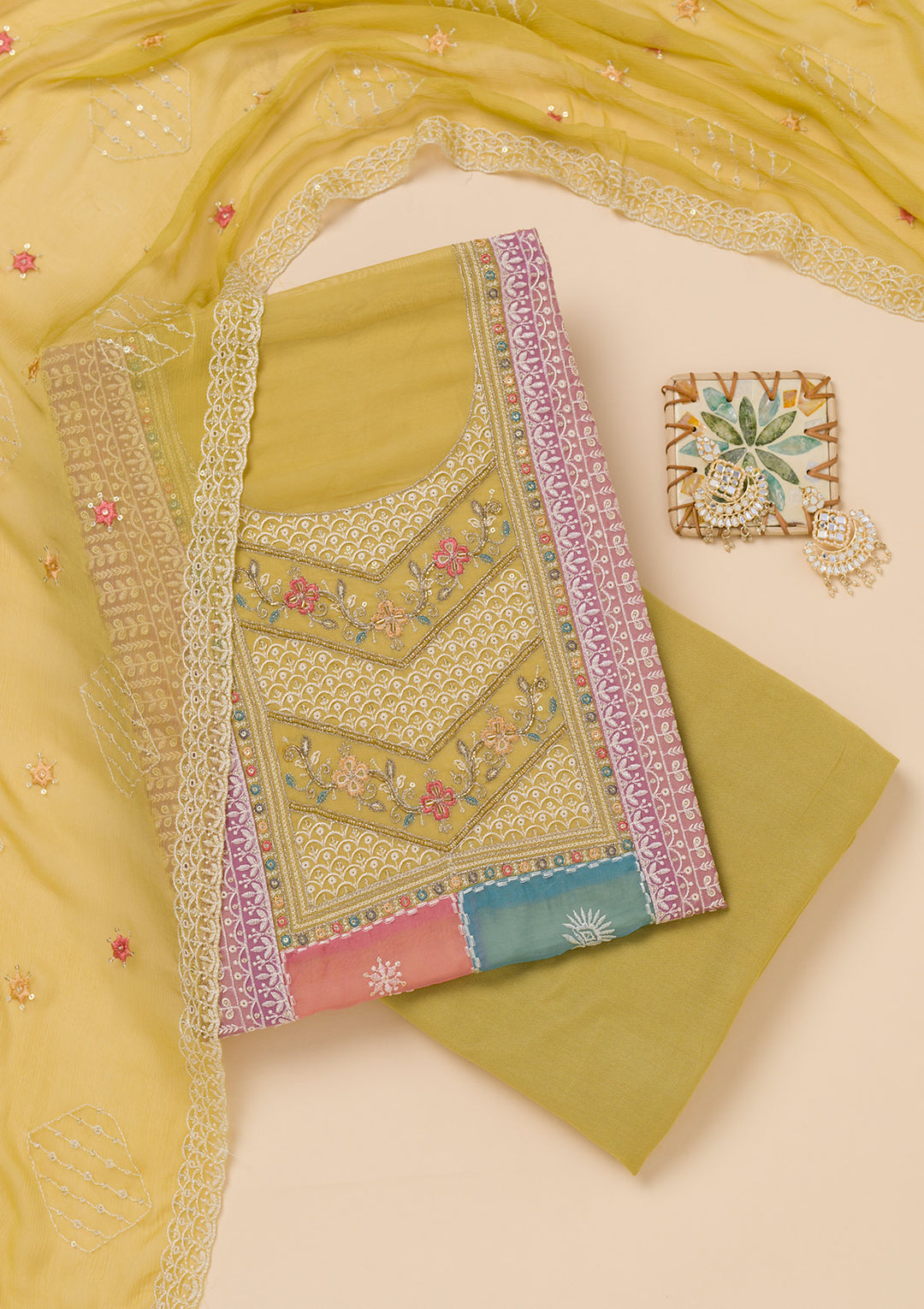 Mehendi Green Chinon Threadwork Unstitched Dress Material With Matching Bottom And Dupatta