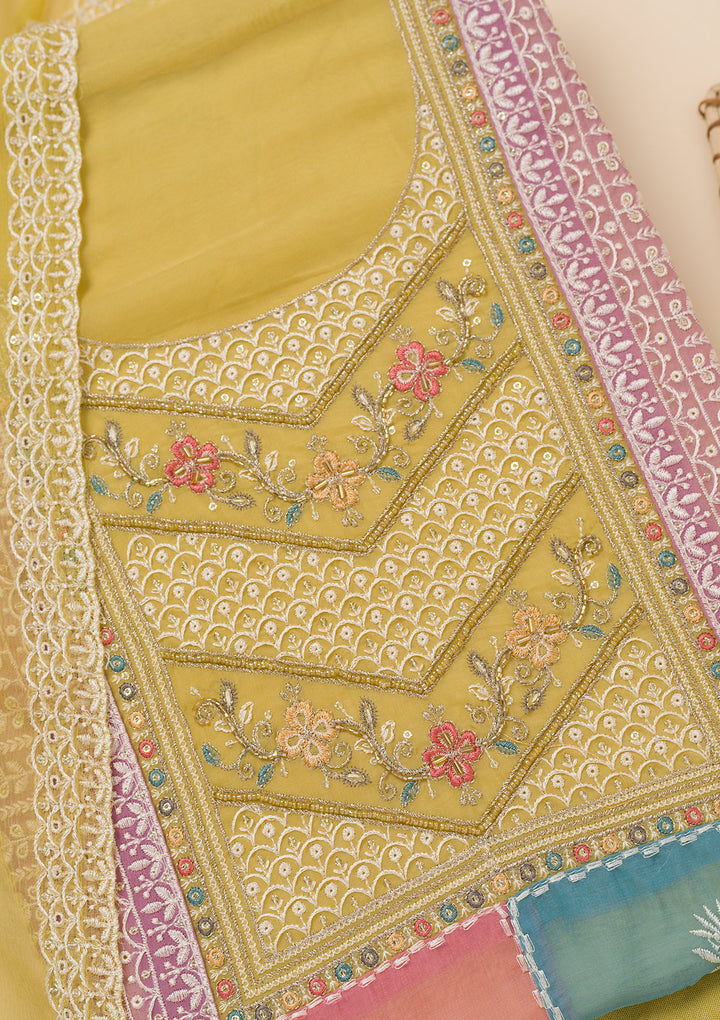 Mehendi Green Chinon Threadwork Unstitched Dress Material With Matching Bottom And Dupatta