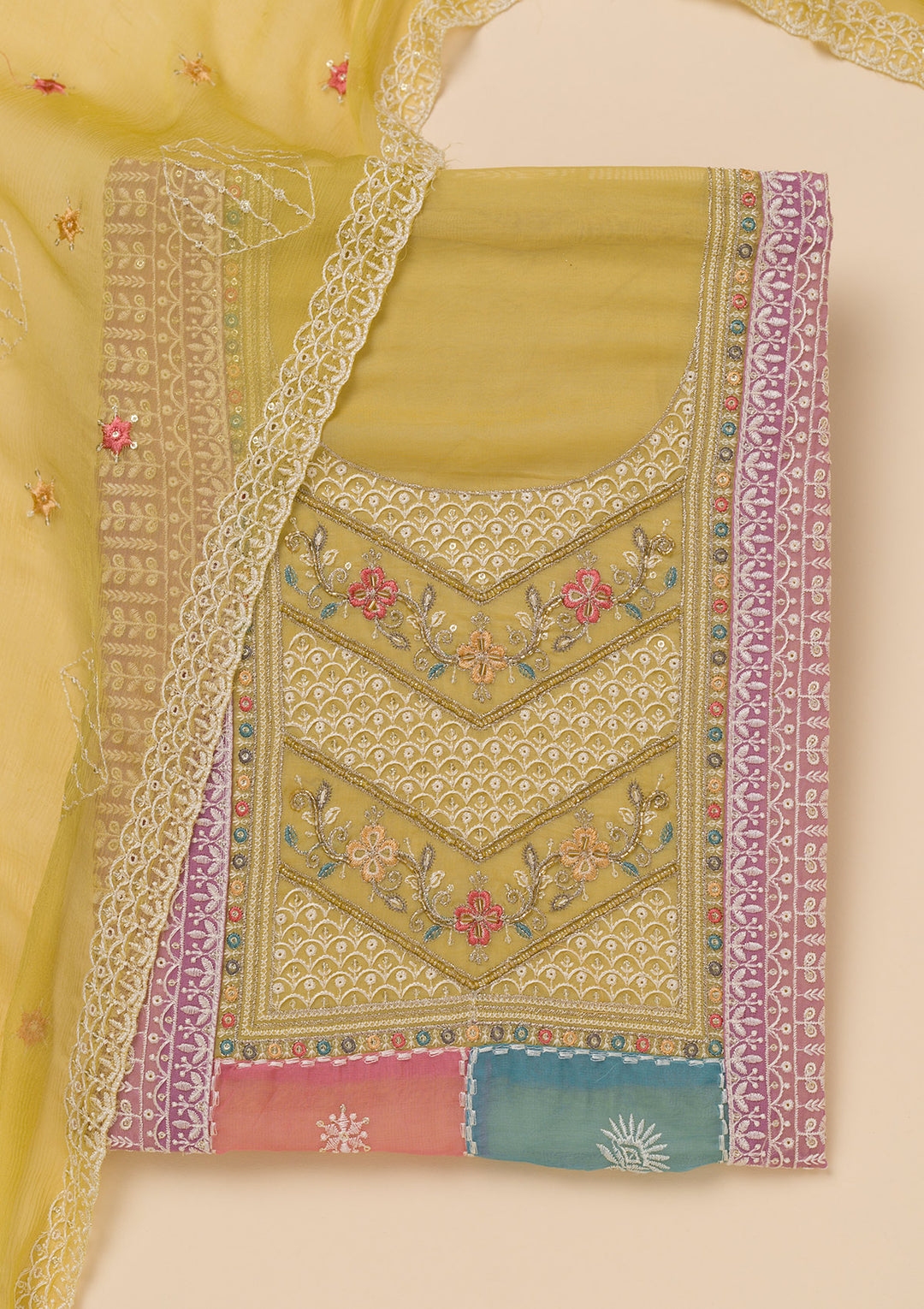 Mehendi Green Chinon Threadwork Unstitched Dress Material With Matching Bottom And Dupatta