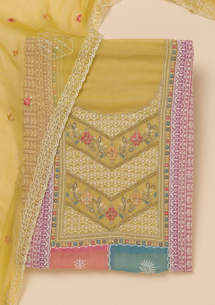 Mehendi Green Chinon Threadwork Unstitched Dress Material With Matching Bottom And Dupatta