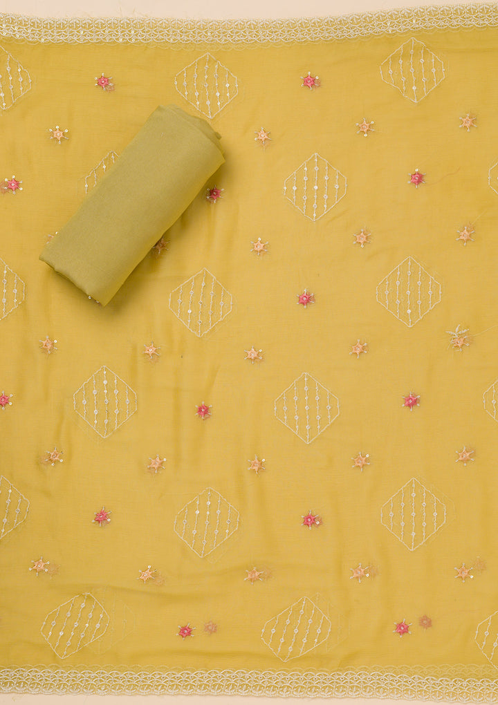 Mehendi Green Chinon Threadwork Unstitched Dress Material With Matching Bottom And Dupatta