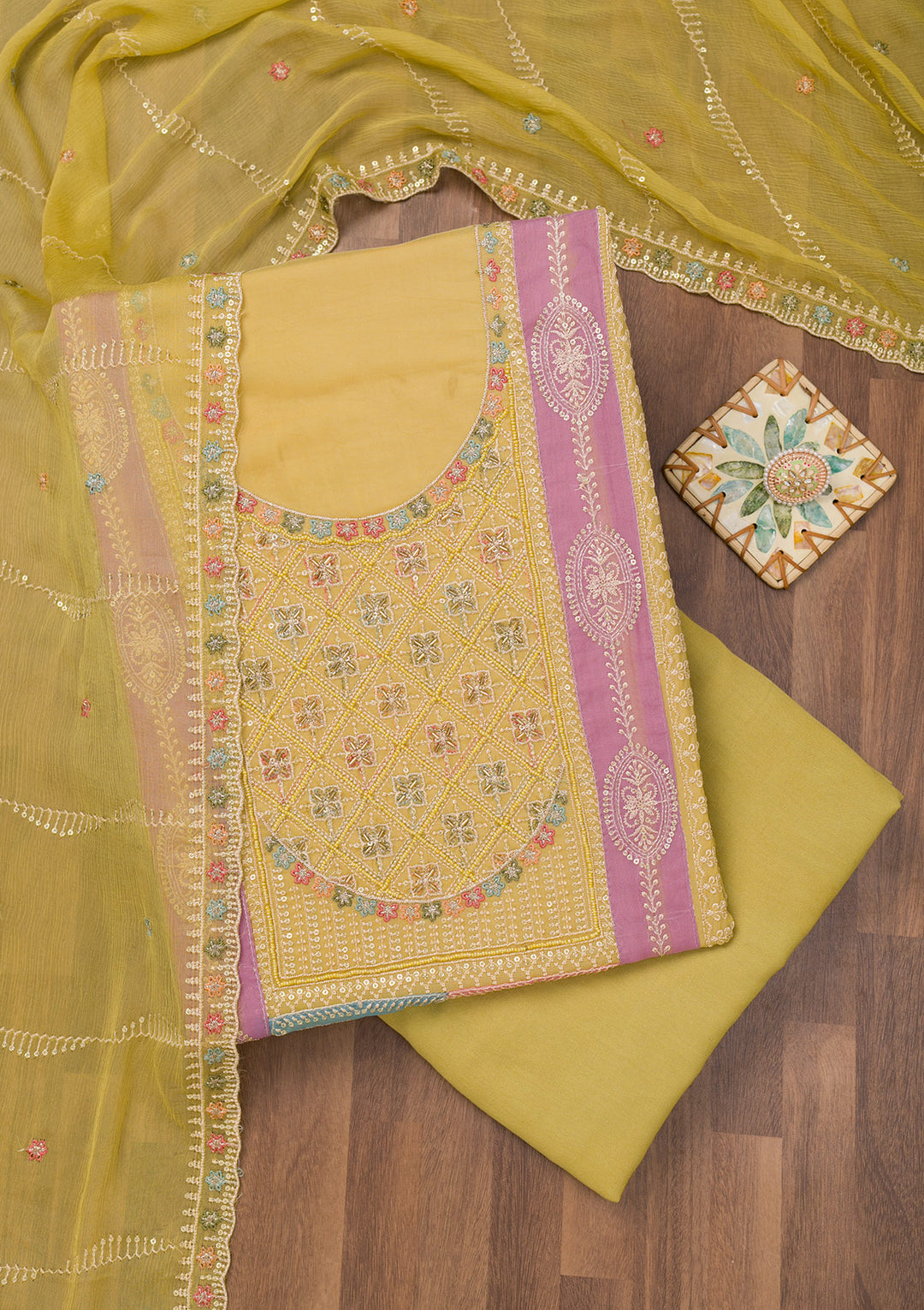 Mehendi Chinon Threadwork Unstitched Dress Material With Matching Bottom And Dupatta