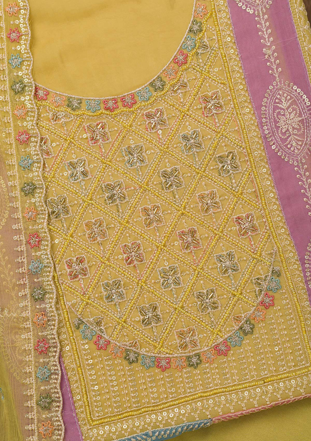 Mehendi Chinon Threadwork Unstitched Dress Material With Matching Bottom And Dupatta