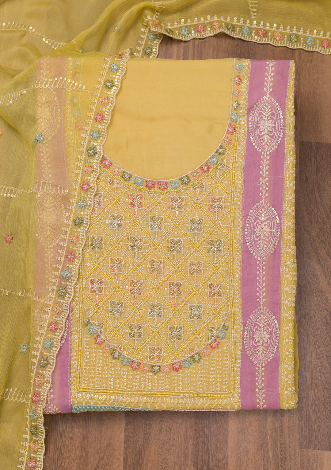 Mehendi Chinon Threadwork Unstitched Dress Material With Matching Bottom And Dupatta