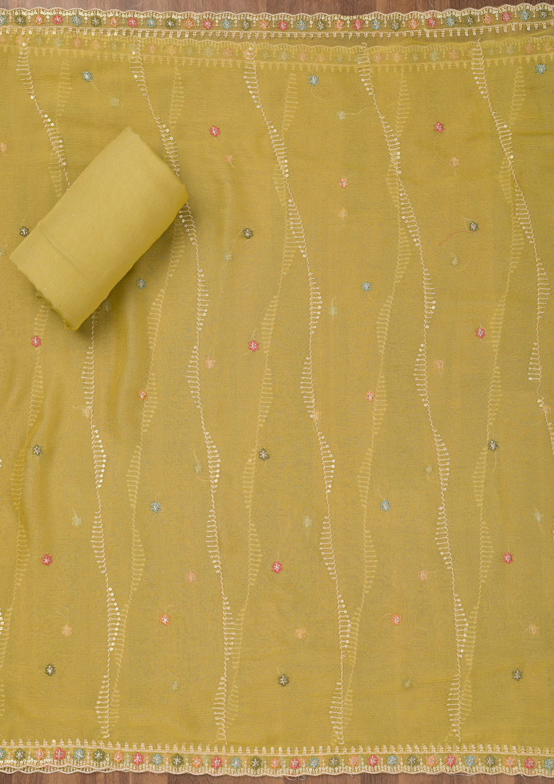 Mehendi Chinon Threadwork Unstitched Dress Material With Matching Bottom And Dupatta