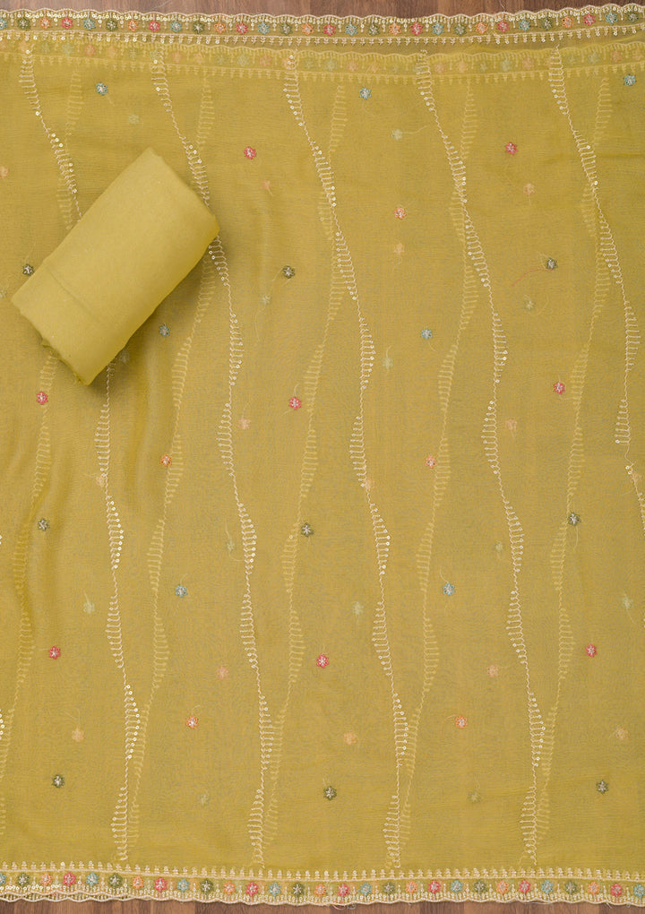 Mehendi Chinon Threadwork Unstitched Dress Material With Matching Bottom And Dupatta