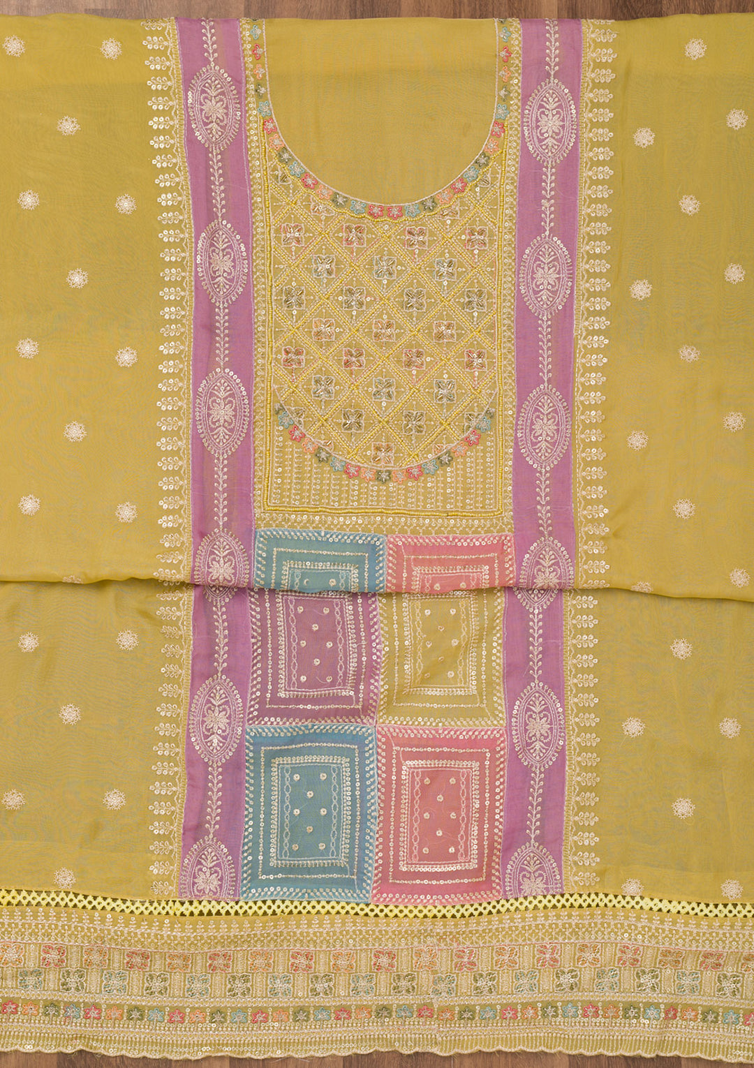 Mehendi Chinon Threadwork Unstitched Dress Material With Matching Bottom And Dupatta