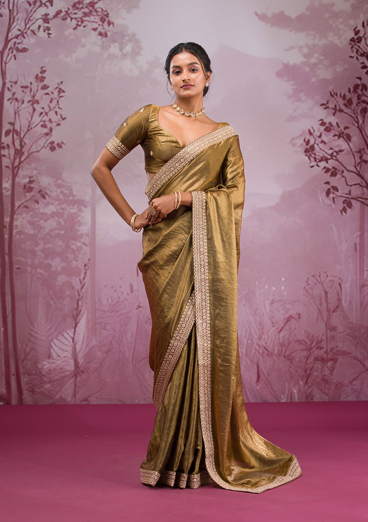 Mehendi Green Tissue Cording Saree With Matching Blouse Piece