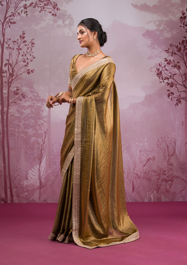 Mehendi Green Tissue Cording Saree With Matching Blouse Piece