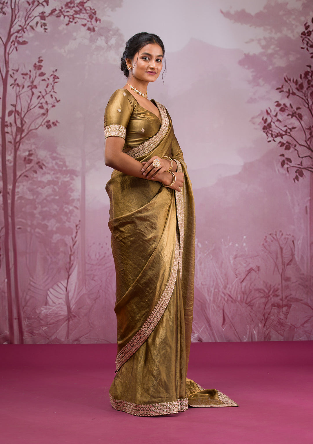 Mehendi Green Tissue Cording Saree With Matching Blouse Piece
