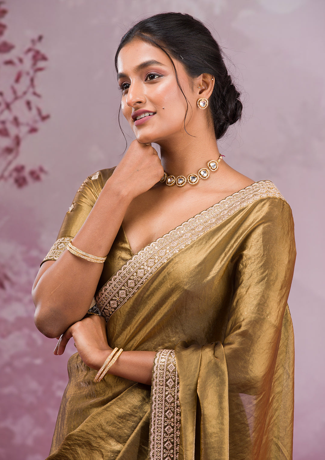 Mehendi Green Tissue Cording Saree With Matching Blouse Piece