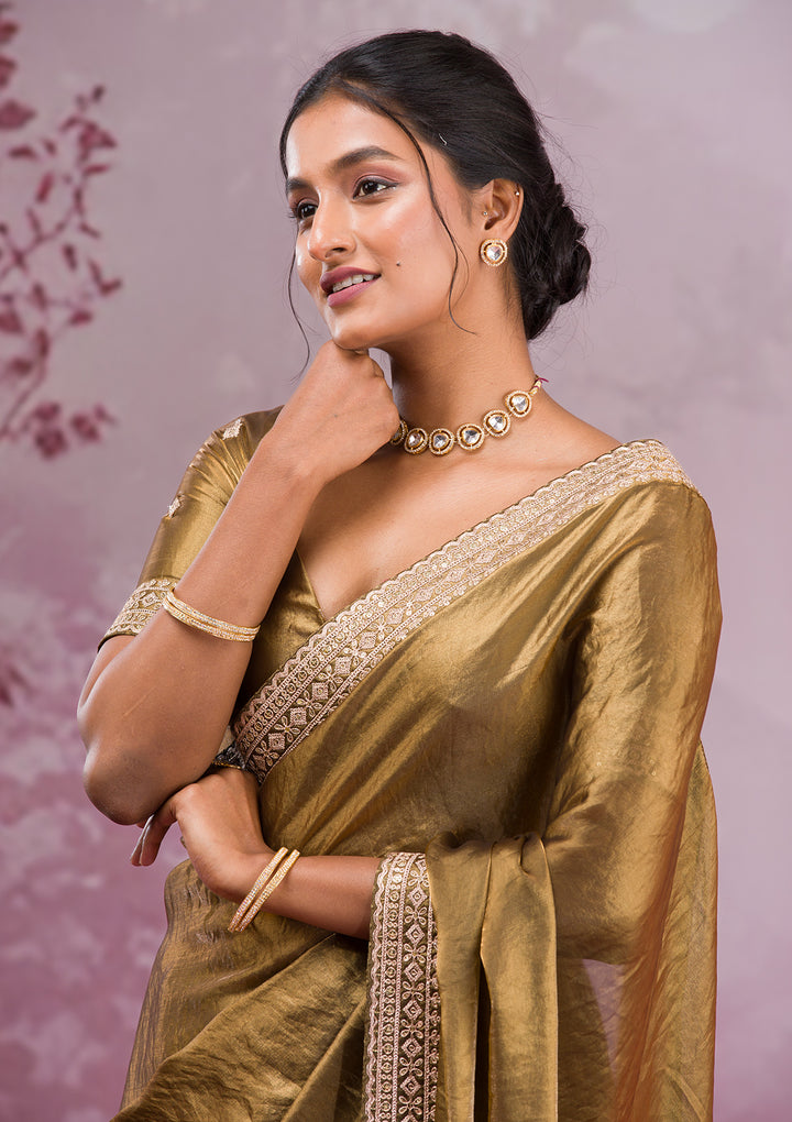Mehendi Green Tissue Cording Saree With Matching Blouse Piece