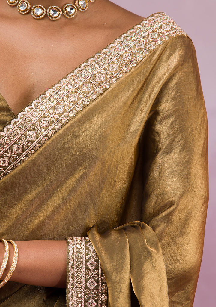 Mehendi Green Tissue Cording Saree With Matching Blouse Piece