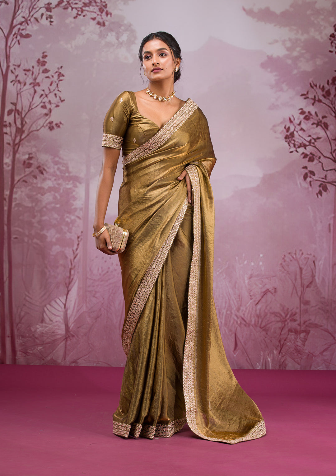 Mehendi Green Tissue Cording Saree With Matching Blouse Piece