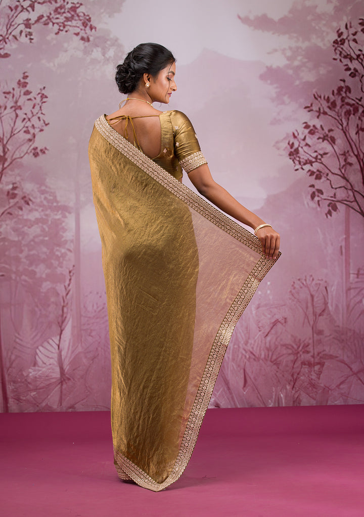 Mehendi Green Tissue Cording Saree With Matching Blouse Piece