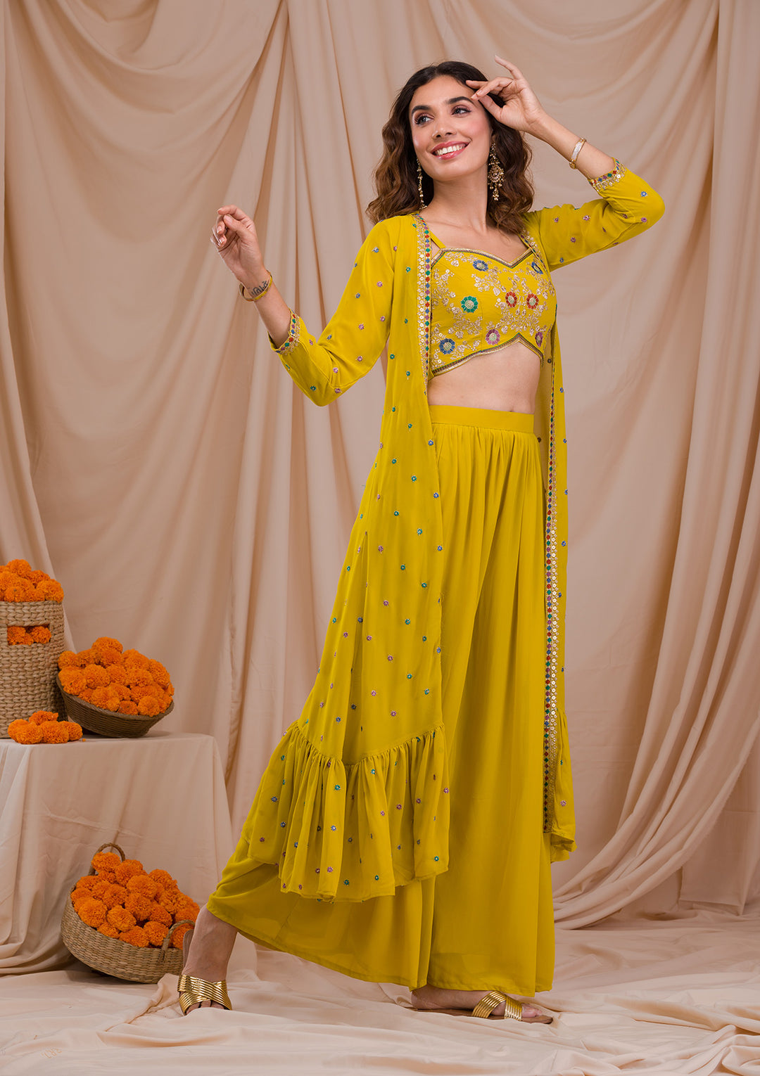 Mehendi Zariwork Georgette Readymade Salwar Suit-Koskii