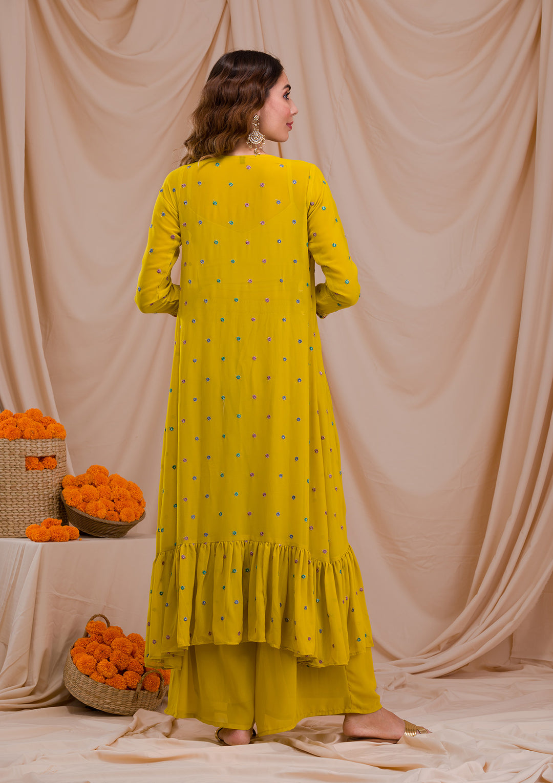 Mehendi Georgette Gold Zariwork Crop Top Kurta With Palazzo And Dupatta