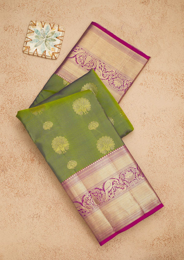 Mehendi Silk Buti Gold Zariwork Saree With Matching Blouse Piece