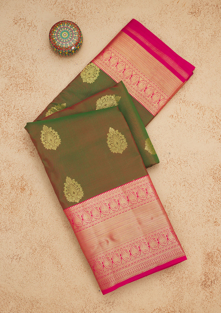 Mehendi Silk Buti Gold Zariwork Saree With Matching Blouse Piece