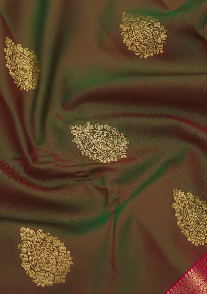 Mehendi Silk Buti Gold Zariwork Saree With Matching Blouse Piece