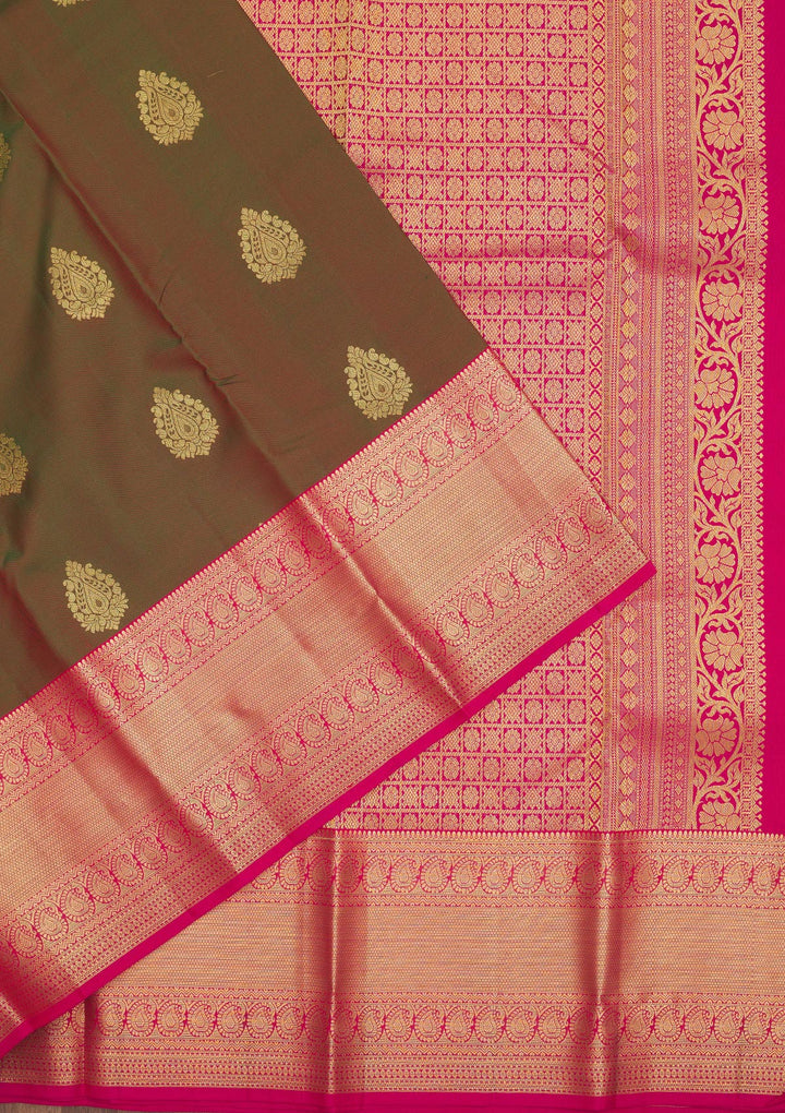 Mehendi Silk Buti Gold Zariwork Saree With Matching Blouse Piece