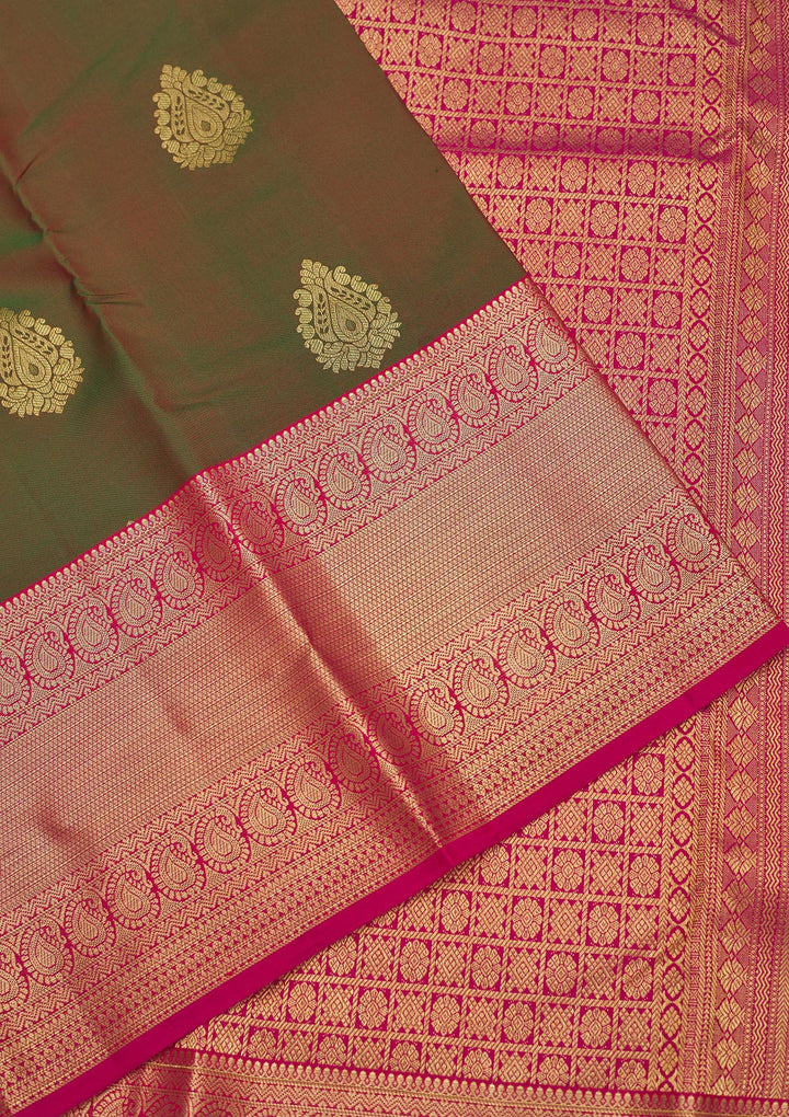 Mehendi Silk Buti Gold Zariwork Saree With Matching Blouse Piece