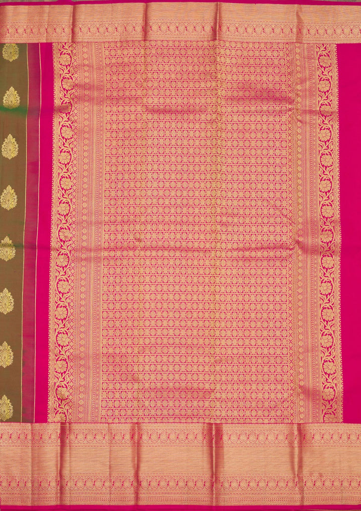 Mehendi Silk Buti Gold Zariwork Saree With Matching Blouse Piece
