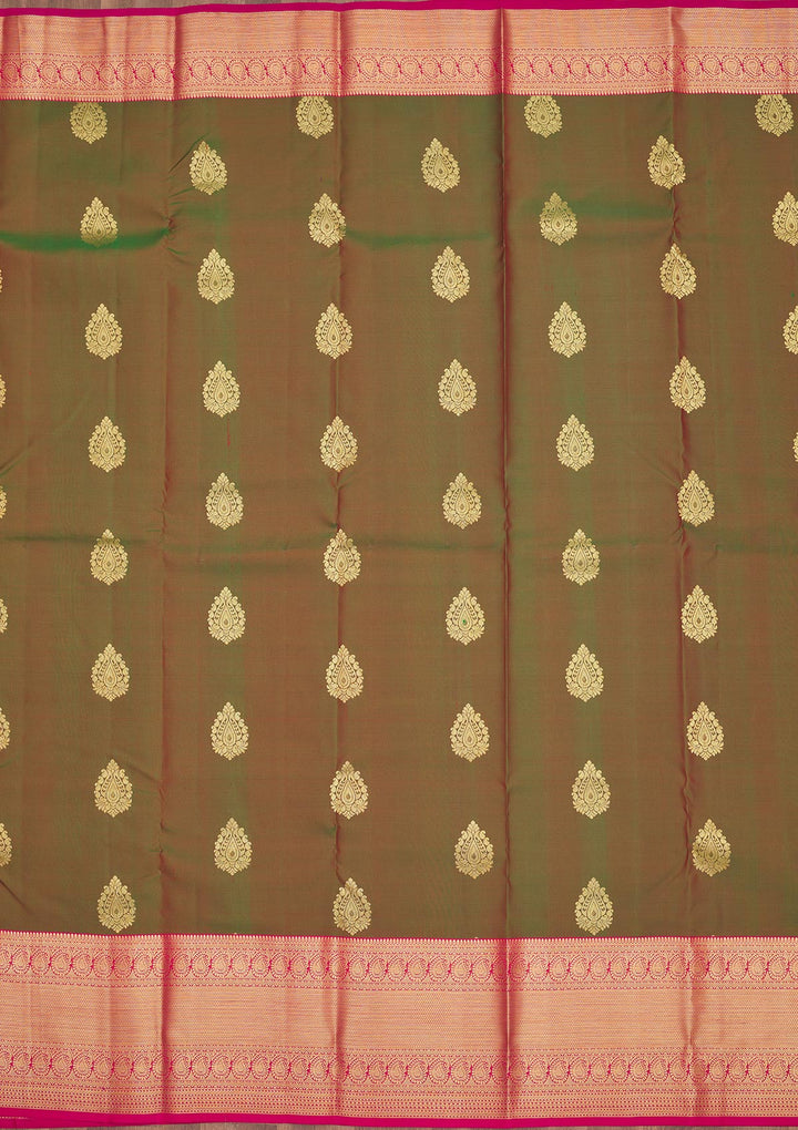Mehendi Silk Buti Gold Zariwork Saree With Matching Blouse Piece