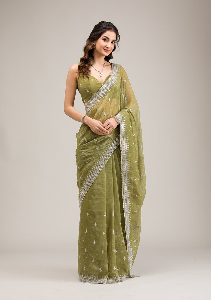 Mehendi Tissue Silver Zariwork Saree With Matching Blouse Piece