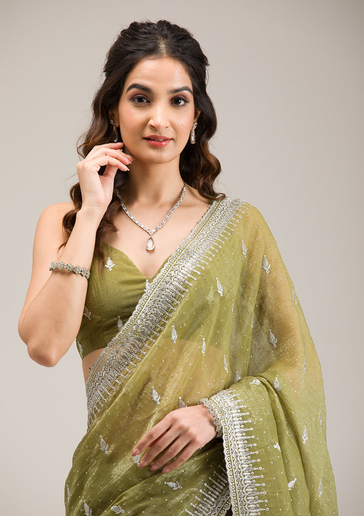 Mehendi Tissue Silver Zariwork Saree With Matching Blouse Piece