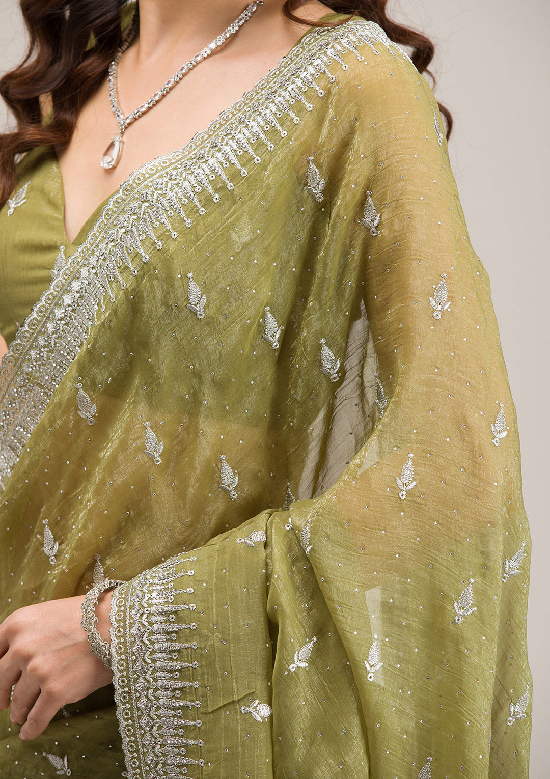 Mehendi Tissue Silver Zariwork Saree With Matching Blouse Piece