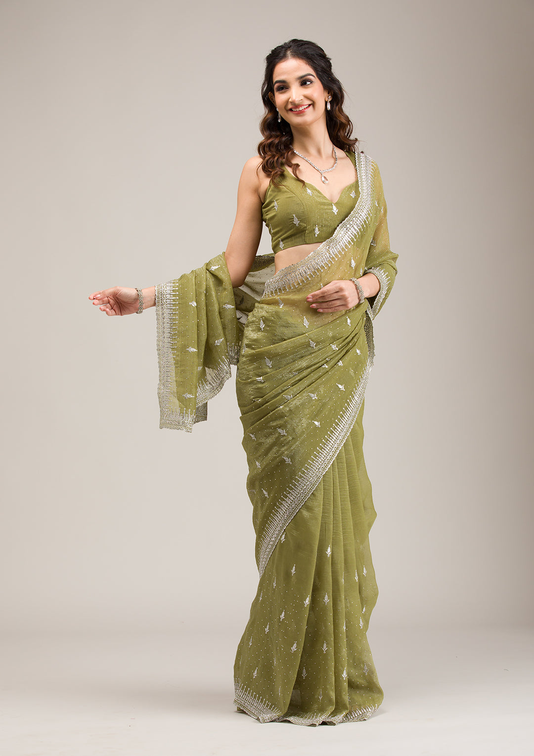 Mehendi Tissue Silver Zariwork Saree With Matching Blouse Piece