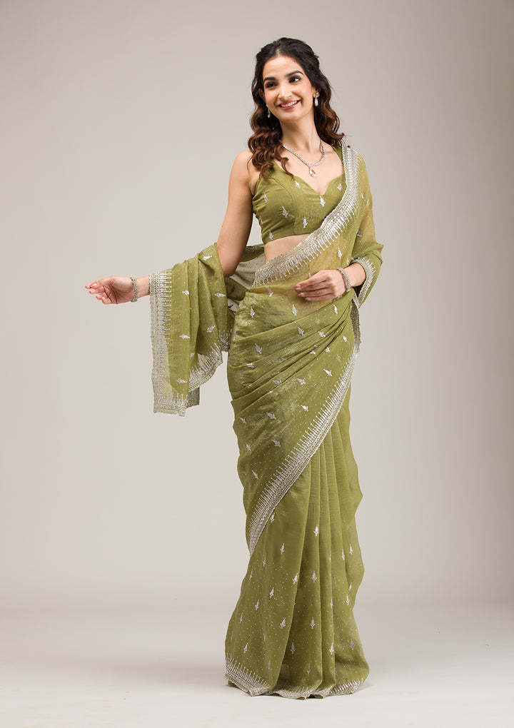 Mehendi Tissue Silver Zariwork Saree With Matching Blouse Piece