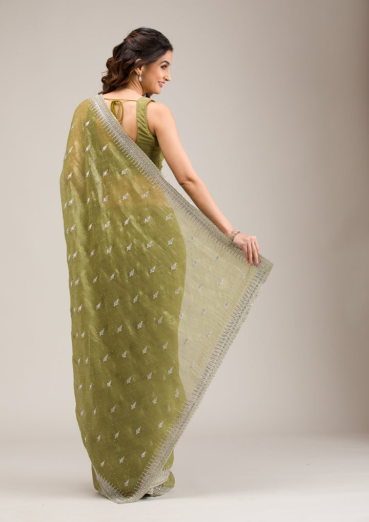 Mehendi Tissue Silver Zariwork Saree With Matching Blouse Piece