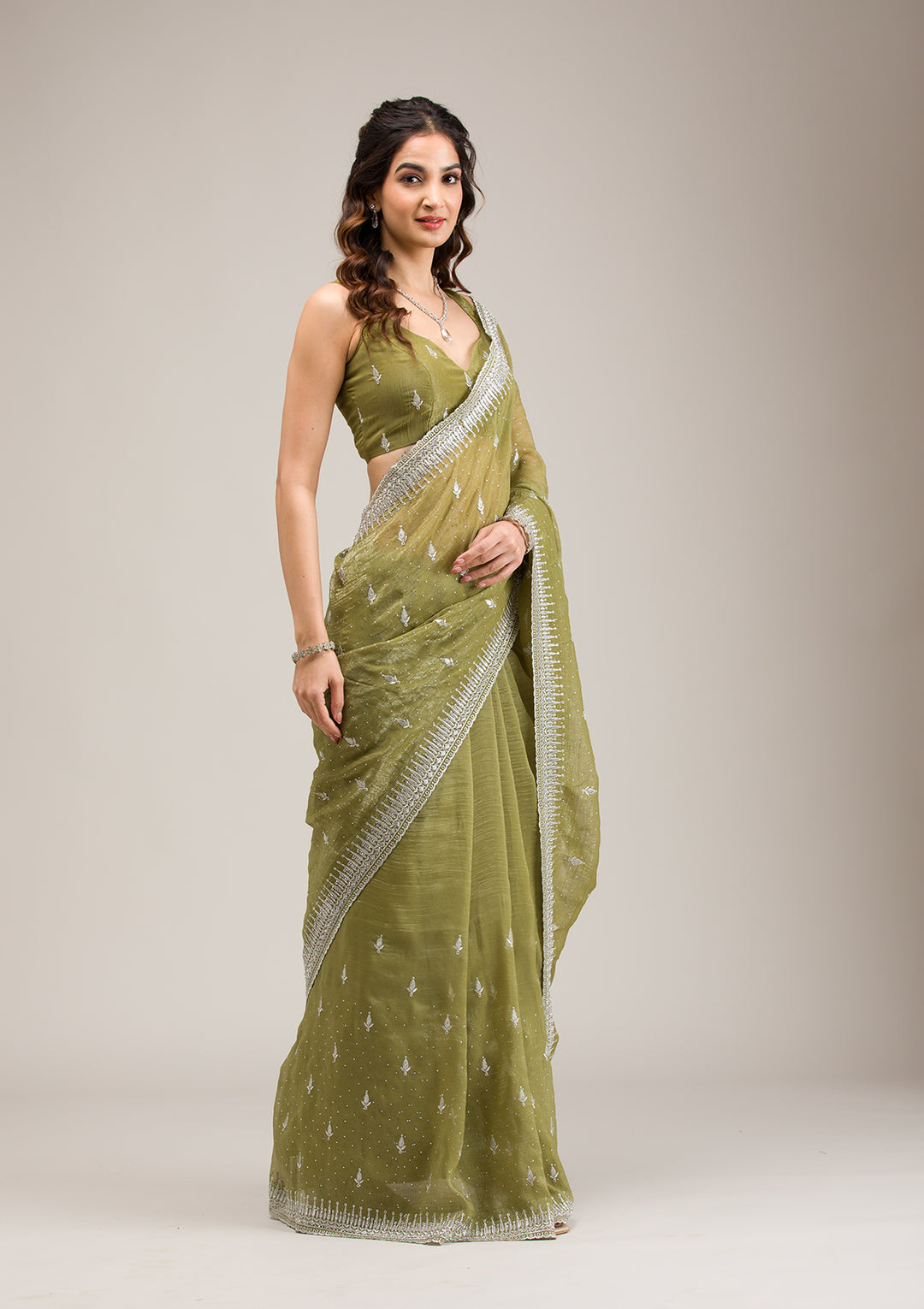 Mehendi Tissue Silver Zariwork Saree With Matching Blouse Piece