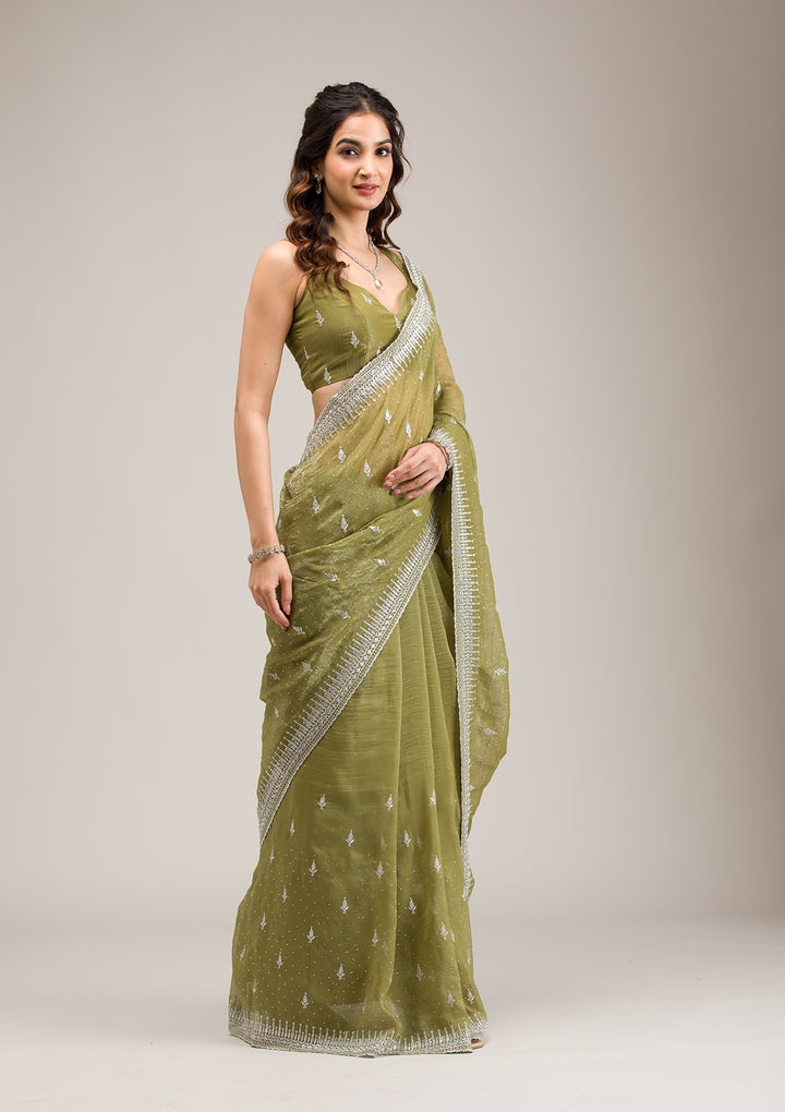 Mehendi Tissue Silver Zariwork Saree With Matching Blouse Piece