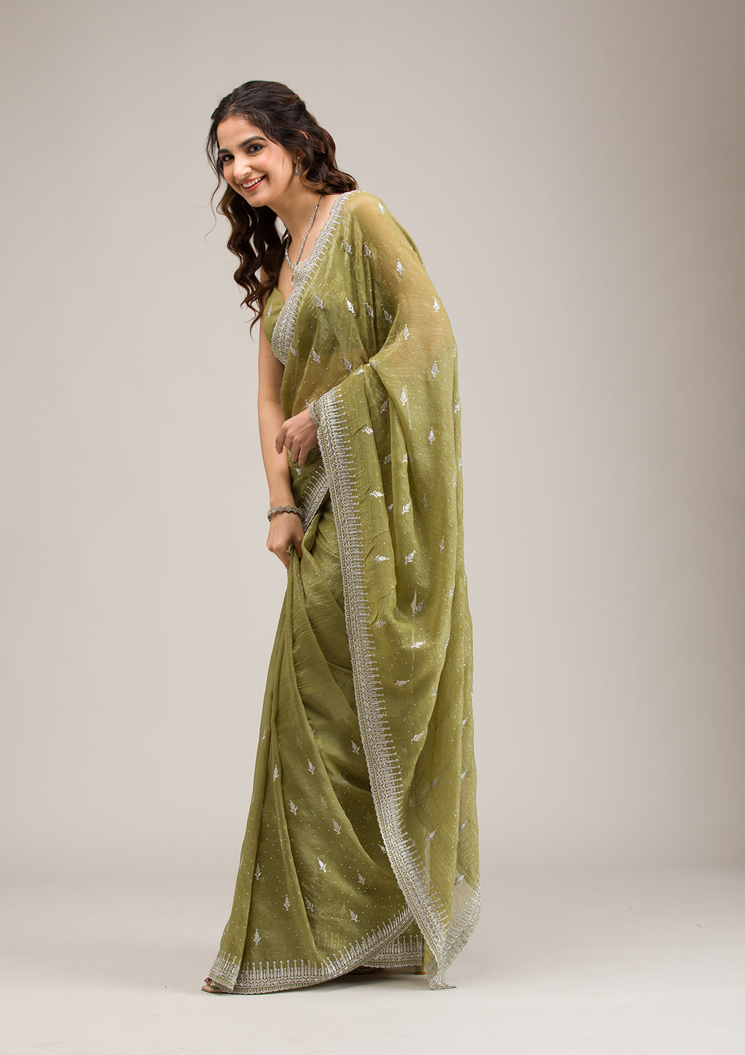Mehendi Tissue Silver Zariwork Saree With Matching Blouse Piece