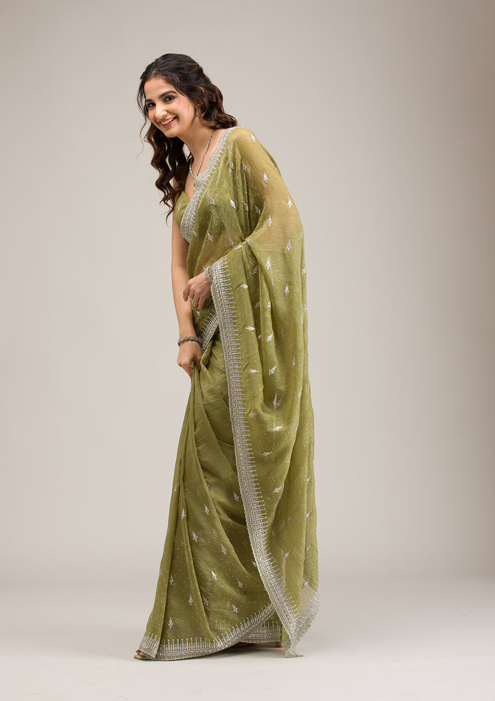 Mehendi Tissue Silver Zariwork Saree With Matching Blouse Piece