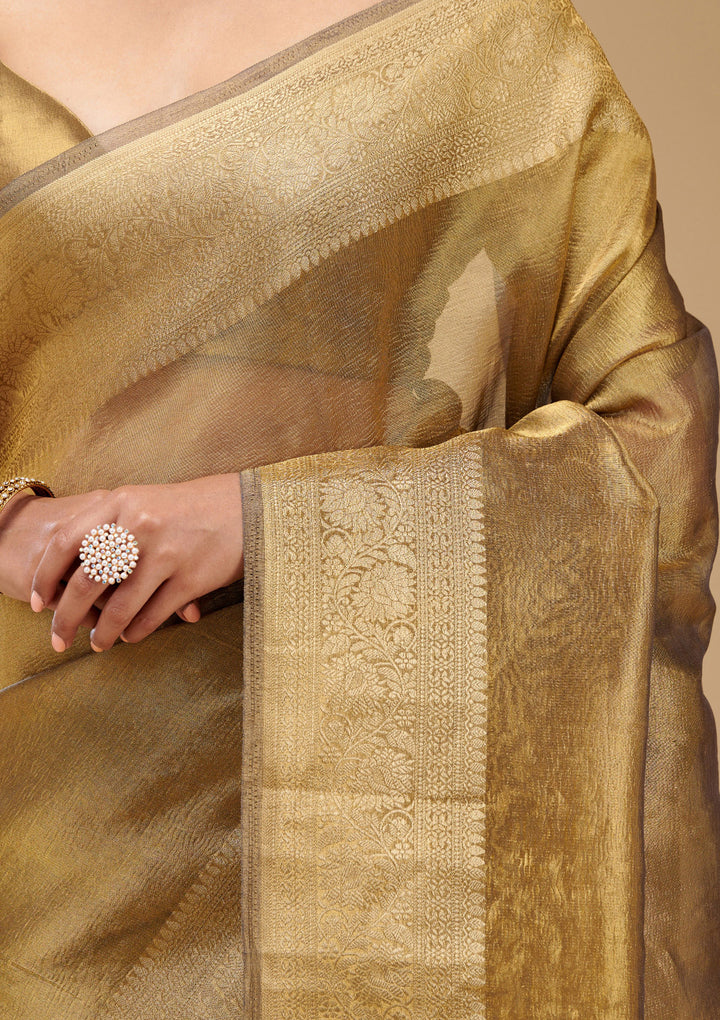 Koskii Gold Tissue Saree with Zariwork – Elegant Evening Wear