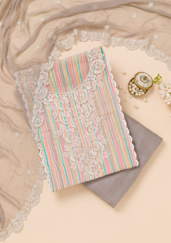 Grey Threadwork Semi Crepe Unstitched Salwar Suit