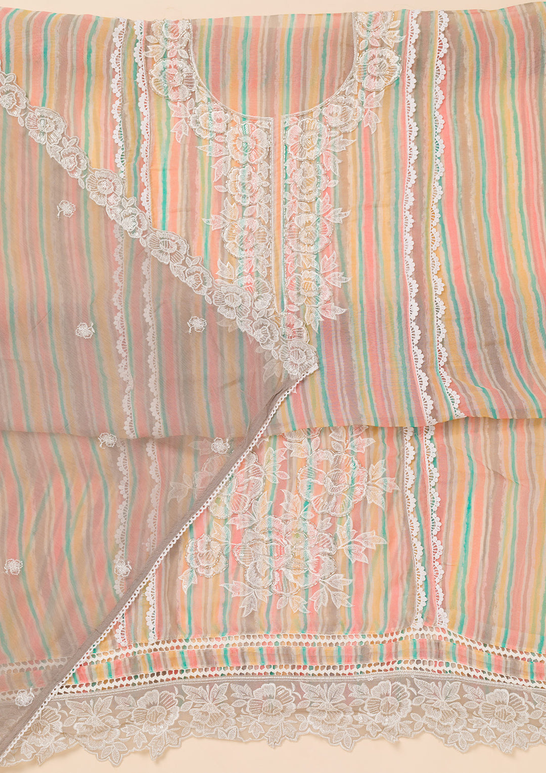 Grey Threadwork Semi Crepe Unstitched Salwar Suit