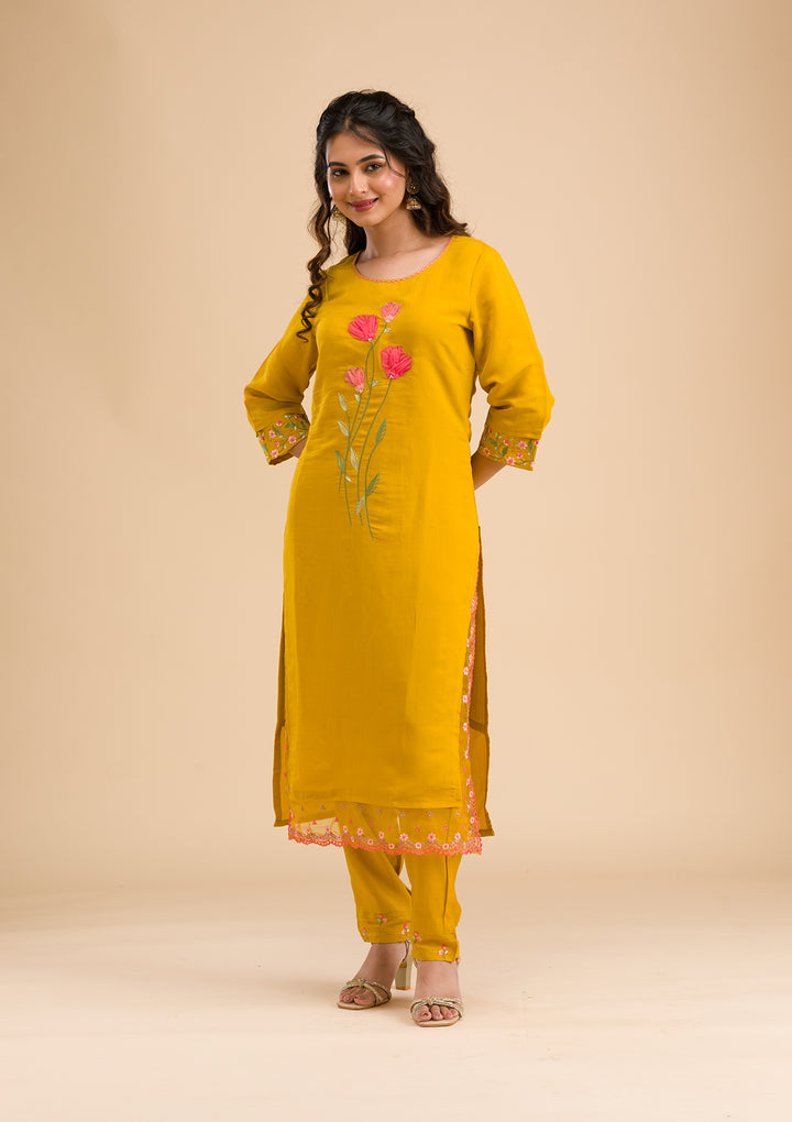 Mustard Yellow Cotton Applique Straight Kurta With Regular Pant And Dupatta